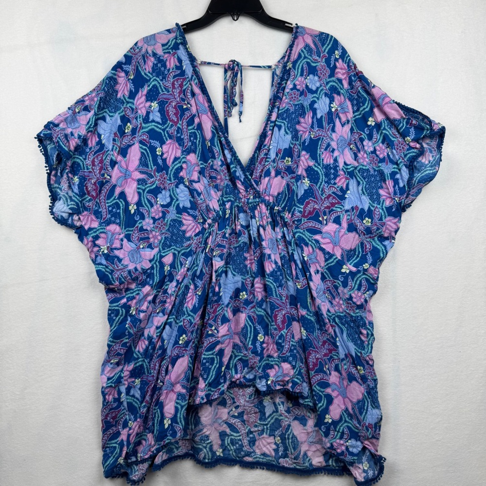 Victoria's‎ Secret XL/TG Blue Floral Viscose V Neck Kaftan Cover Up Top